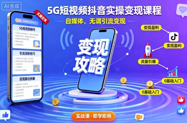 5G短视频抖音实操变现课程，自媒体，无谓引流变现-校睿铺