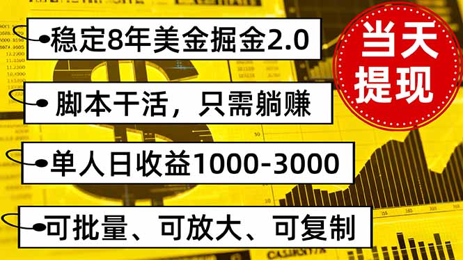 稳定8年美金掘金2.0脚本干活，只需躺赚。单人日收益1000-3000可批量、…-校睿铺
