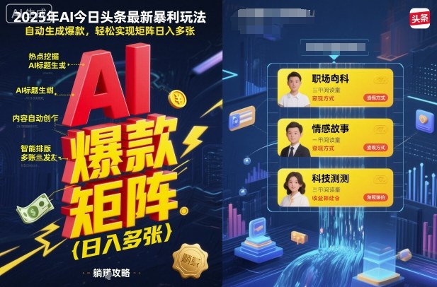 2025年AI今日头条最新暴利玩法，自动生成爆款，轻松实现矩阵日入多张-校睿铺