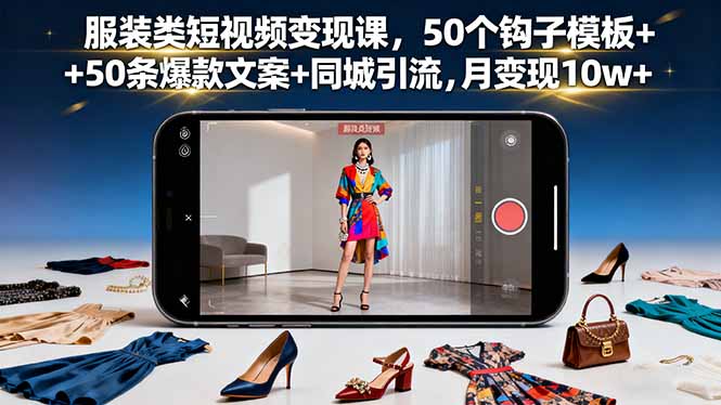 服装类短视频变现课，50个钩子模板+50条爆款文案+同城引流，月变现10w+-校睿铺