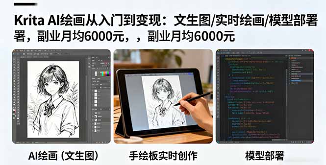 Krita AI绘画从入门到变现：文生图/实时绘画/模型部署，副业月均6000元-校睿铺
