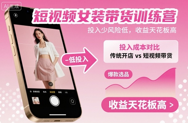 短视频女装带货训练营，投入少风险低，收益天花板高-校睿铺