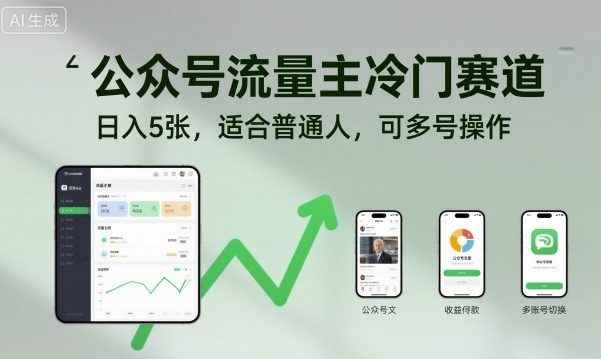 公众号流量主冷门赛道，日入5张，适合普通人，可多号操作-校睿铺