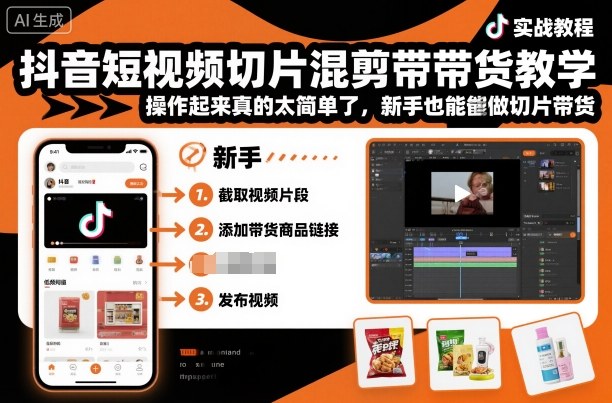 抖音短视频切片混剪带货教学，操作起来真的太简单了，新手也能做切片带货-校睿铺