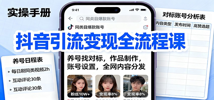抖音引流变现全流程课：养号找对标，作品制作，账号设置，全网内容分发-校睿铺
