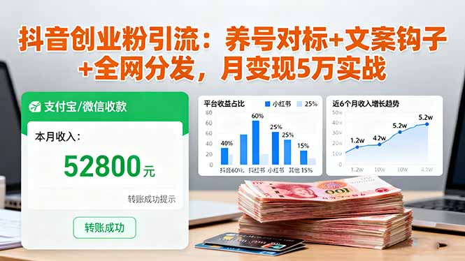 抖音创业粉引流：养号对标+文案钩子+全网分发，月变现5万实战-校睿铺
