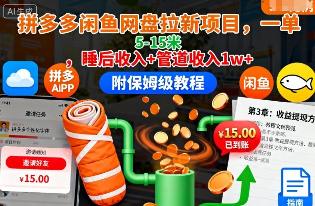 拼多多闲鱼网盘拉新项目，一单5-15米，睡后收入+管道收入1w+(附保姆级教程)-校睿铺