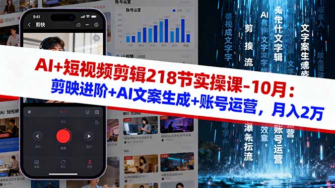 AI+短视频剪辑218节实操课-10月：剪映进阶+AI文案生成+账号运营，月入2万-校睿铺