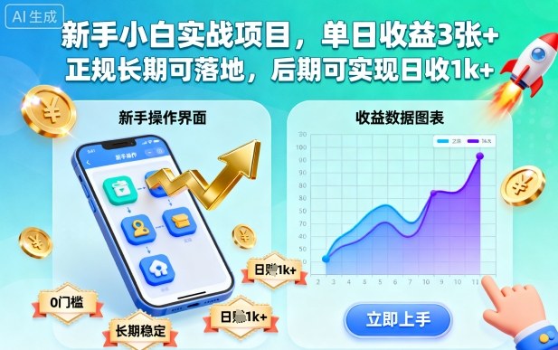 新手小白实战项目，单日收益3张+，正规长期可落地，后期可实现日收1k+【揭秘】-校睿铺