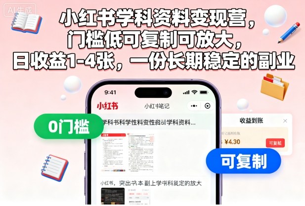 小红书学科资料变现营，门槛低可复制可放大，日收益1-4张，一份长期稳定的副业-校睿铺