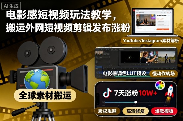 电影感短视频玩法教学，搬运外网短视频剪辑发布涨粉-校睿铺