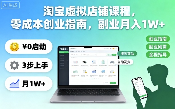 淘宝虚拟店铺课程，零成本创业指南，副业月入1W+-校睿铺