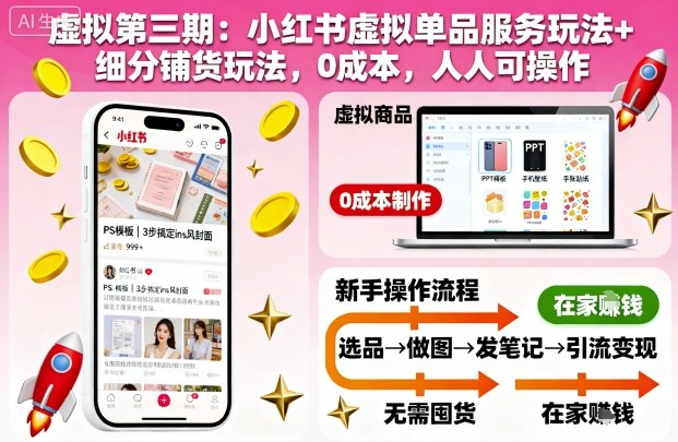 虚拟第三期：小红书虚拟单品服务玩法+细分铺货玩法，0成本，人人可操作-校睿铺