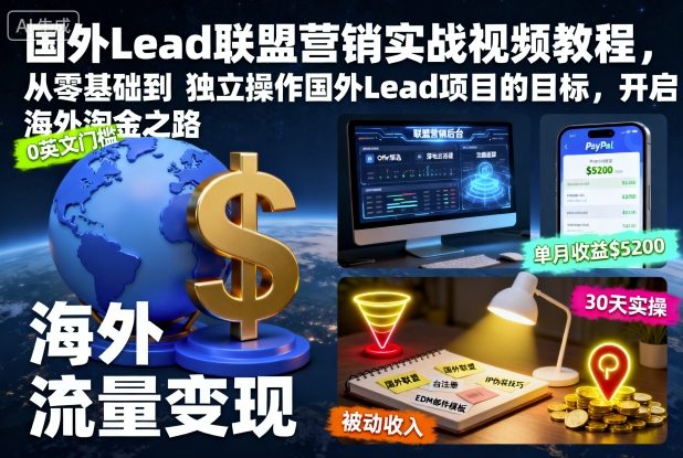 国外Lead联盟营销实战视频教程，从零基础到独立操作国外Lead项目的目标，开启海外淘金之路-校睿铺