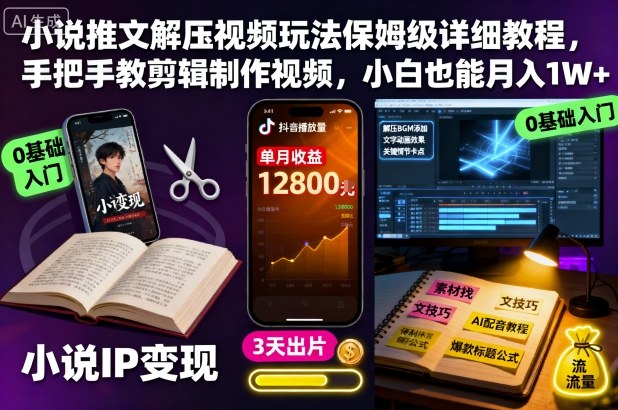 小说推文解压视频玩法保姆级详细教程，手把手教剪辑制作视频，小白也能月入1W+-校睿铺
