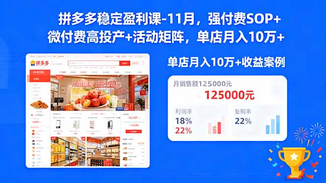拼多多稳定盈利课-11月，强付费SOP+微付费高投产+活动矩阵，单店月入10万+-校睿铺