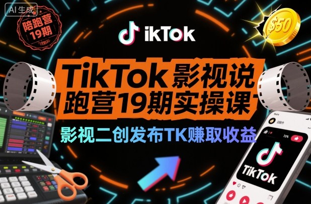 TikTok影视解说陪跑营19期实操课，影视二创发布TK賺取收益，万播收益50美金-校睿铺