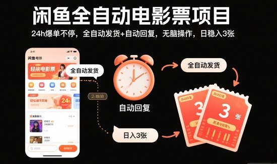 闲鱼全自动电影票项目，24h爆单不停，全自动发货+自动回复，无脑操作，日稳入3张【揭秘】-校睿铺