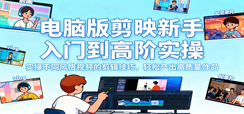 电脑版剪映新手入门到高阶实操，实操不同风格视频的剪辑技巧，轻松产出高质量作品-校睿铺