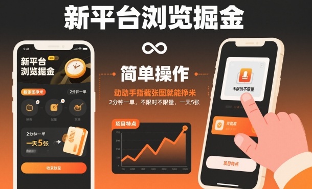 新平台浏览掘金，动动手指截张图就能挣米，2分钟一单，不限时不限量，一天5张【揭秘】-校睿铺