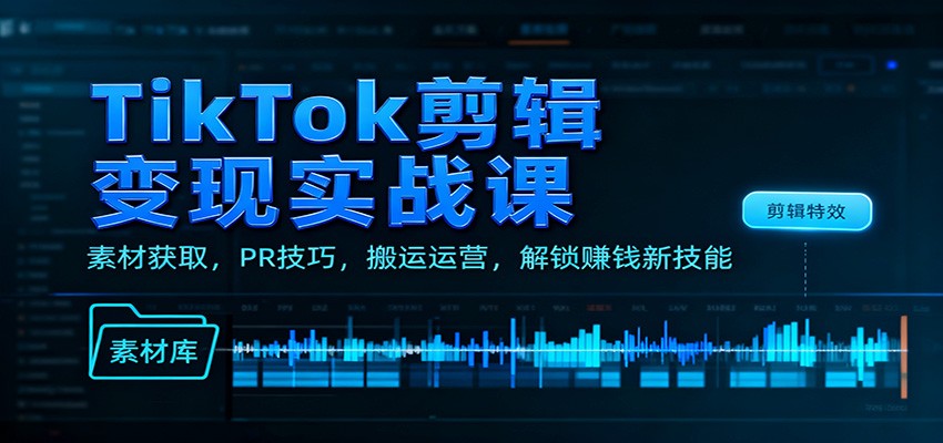 TikTok剪辑变现实战课：素材获取，PR技巧，搬运运营，解锁赚钱新技能-校睿铺