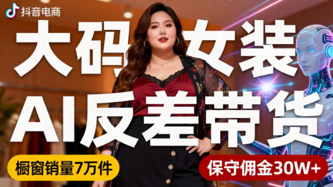 抖音小众赛道，大码女装AI反差带货，不用直播，每天6条作品，橱窗卖7万件，保守佣金30W+-校睿铺
