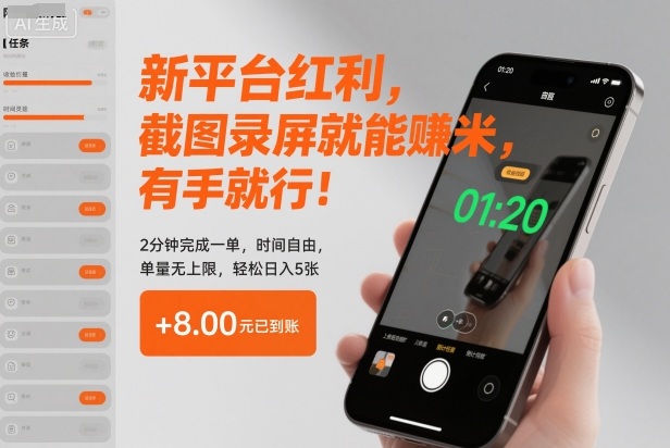新平台红利，截图录屏就能賺米，有手就行！2分钟完成一单，时间自由，单量无上限，轻松日入5张【揭秘】-校睿铺
