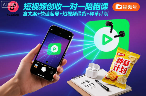 短视频创收一对一陪跑课，含文案+快速起号+短视频带货+种草计划-校睿铺