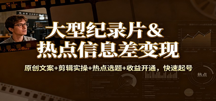 大型纪录片&热点信息差变现：原创文案+剪辑实操+热点选题+收益开通，快速起号-校睿铺