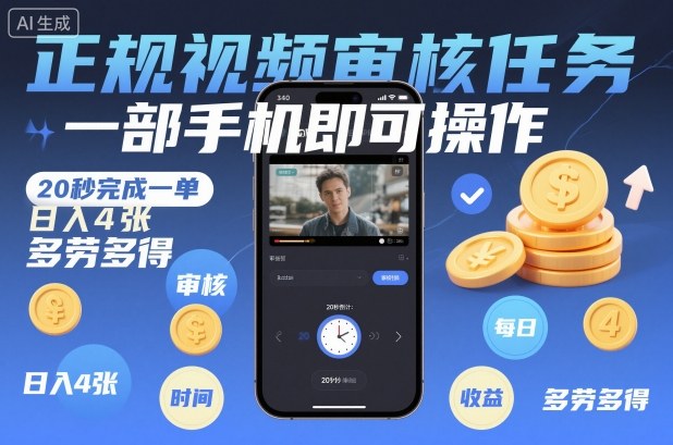 正规视频审核任务，一部手机即可操作，20秒完成一单，日入4张，多劳多得【揭秘】-校睿铺