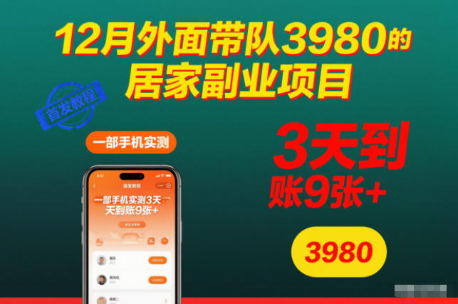 12月外面带队3980的居家副业项目，一部手机实测3天到账9张+，首发教程【揭秘】-校睿铺