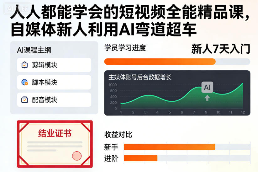 人人都能学会的短视频全能精品课，自媒体新人利用AI弯道超车-校睿铺