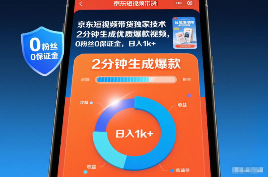 京东短视频带货独家技术，2分钟生成一条优质爆款视频，0粉丝0保证金，日入1k+【揭秘】-校睿铺