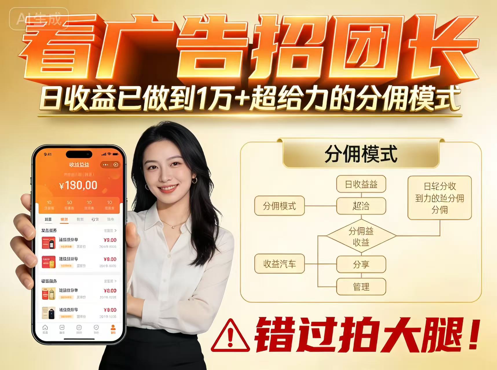 看广告招团长，团队收益已做到日入1万，分佣模式超给力，错过拍大腿-校睿铺