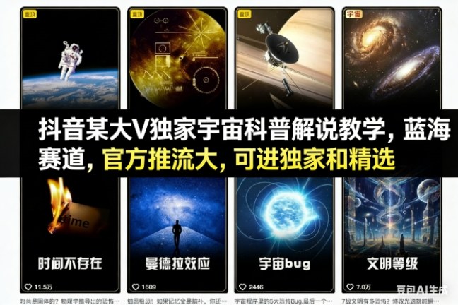 抖音某大V独家宇宙科普解说教学，蓝海赛道，官方推流大，可进独家和精选-校睿铺