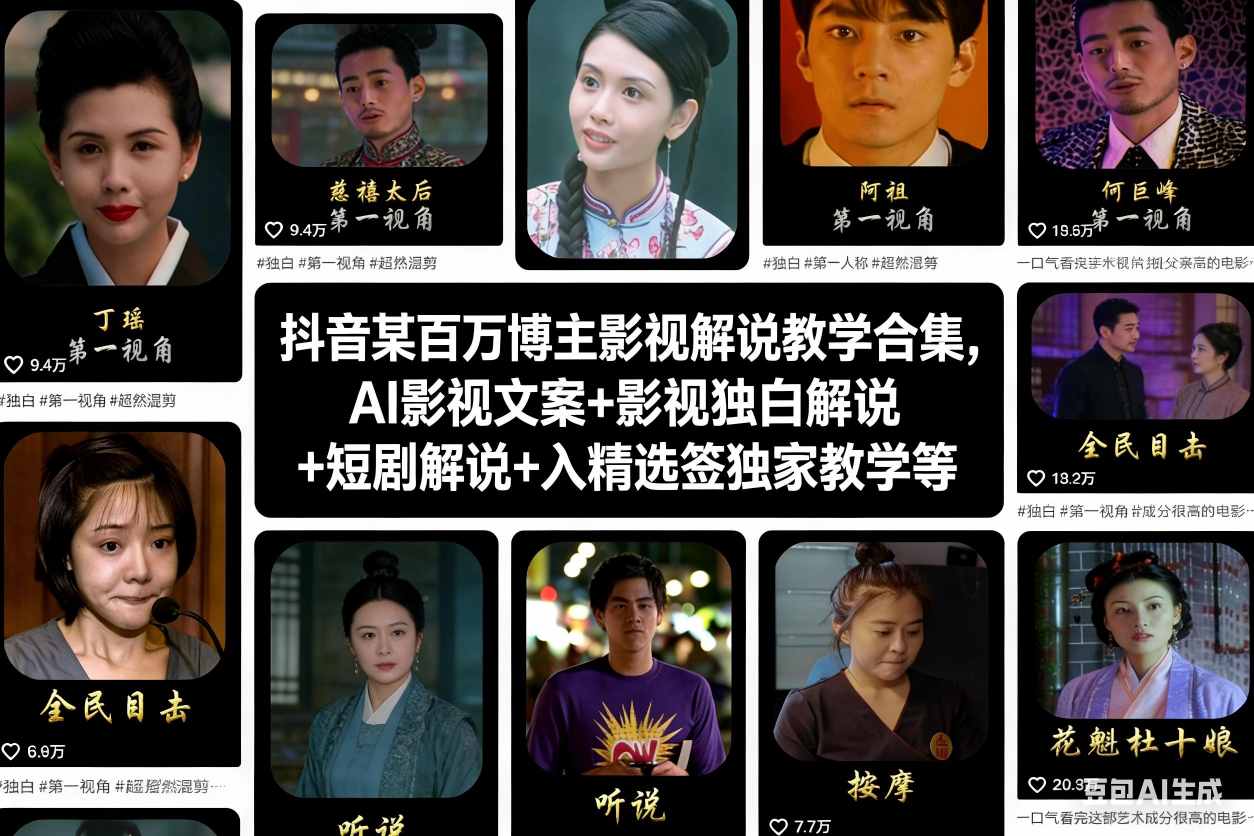 抖音某百万博主影视解说教学合集，AI影视文案+影视独白解说+短剧解说+入精选签独家教学等-校睿铺