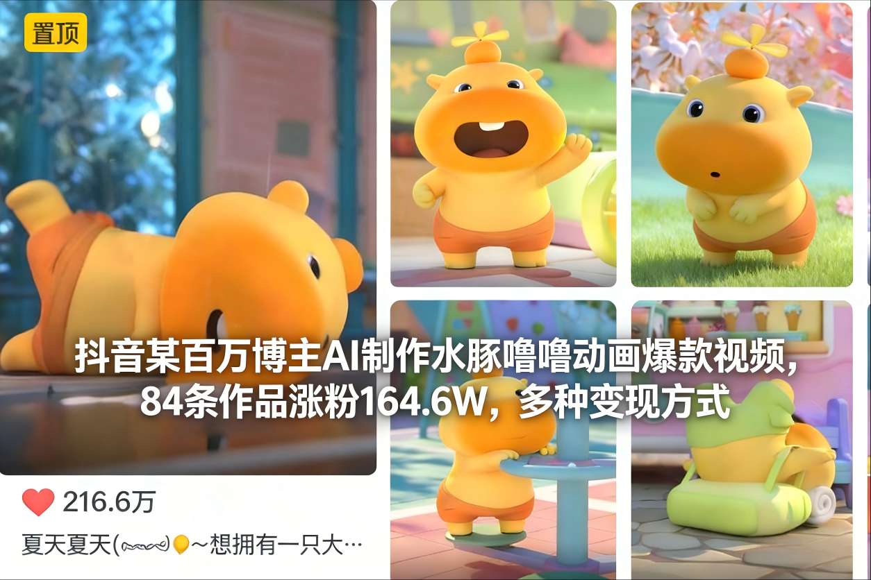 抖音某百万博主AI制作水豚噜噜动画爆款视频，84条作品涨粉164.6W，多种变现方式-校睿铺