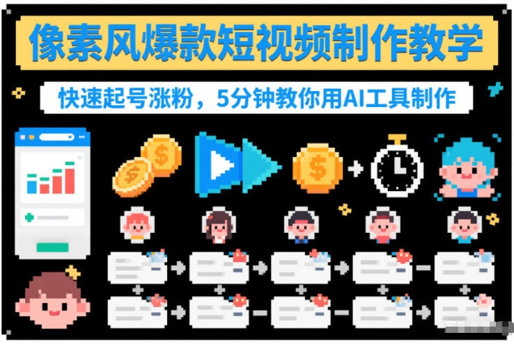 像素风爆款短视频制作教学，快速起号涨粉，5分钟教你用AI工具制作-校睿铺