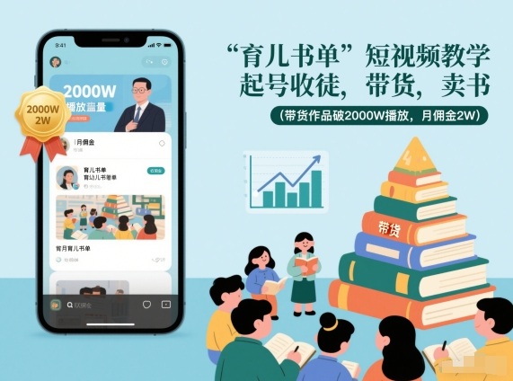 育儿书单短视频教学，起号收徒，带货，卖书(带货作品破2000W播放，月佣金2W)-校睿铺