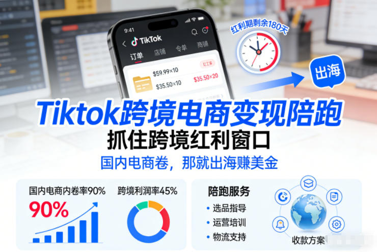 Tiktok跨境电商变现陪跑，抓住跨境红利窗口，国内电商卷，那就出海賺美金-校睿铺