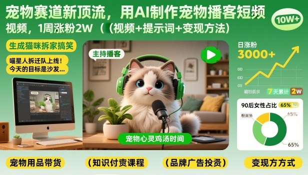 宠物赛道新顶流，用AI制作宠物播客短视频，1周涨粉2W(视频+提示词+变现方法)-校睿铺