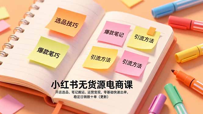 小红书无货源电商课，开店选品、笔记搬运、运营变现，零基础快速出单，稳定日销数十单(更新-校睿铺