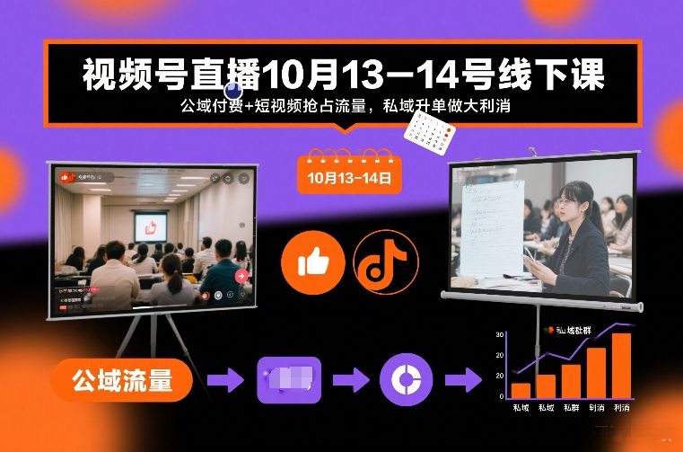 视频号直播10月13-14号线下课，公域付费+短视频抢占流量，私域升单做大利消-校睿铺