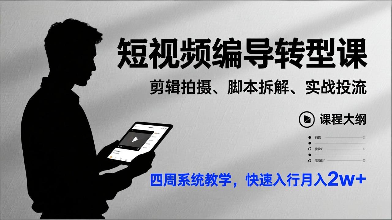 短视频编导转型课，剪辑拍摄、脚本拆解、实战投流，四周系统教学，快速入行月入2w+-校睿铺