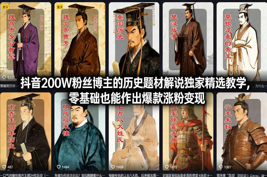 抖音200W粉丝博主的历史题材解说独家精选教学，零基础也能作出爆款涨粉变现-校睿铺