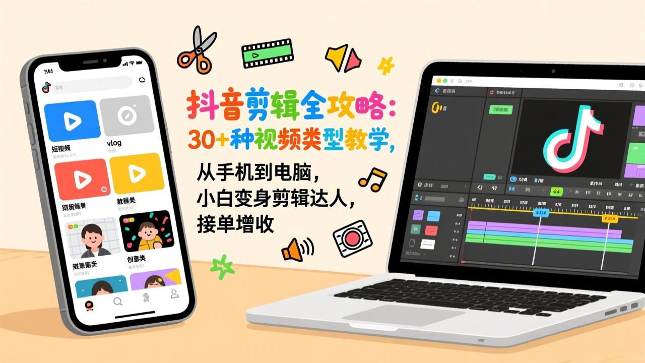 抖音剪辑全攻略：30+种视频类型教学，从手机到电脑，小白变身剪辑达人，接单增收-校睿铺