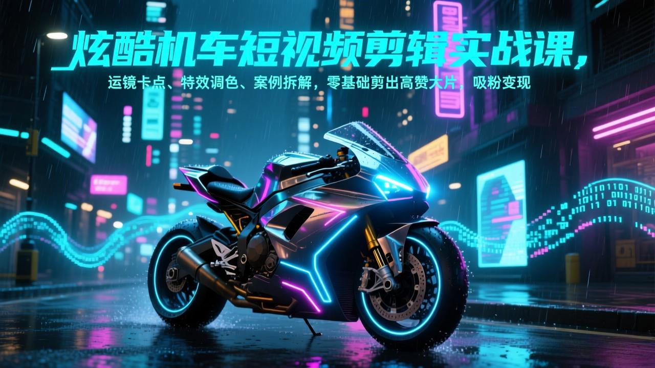 炫酷机车短视频剪辑实战课，运镜卡点、特效调色、案例拆解，零基础剪出高赞大片，吸粉变现-校睿铺