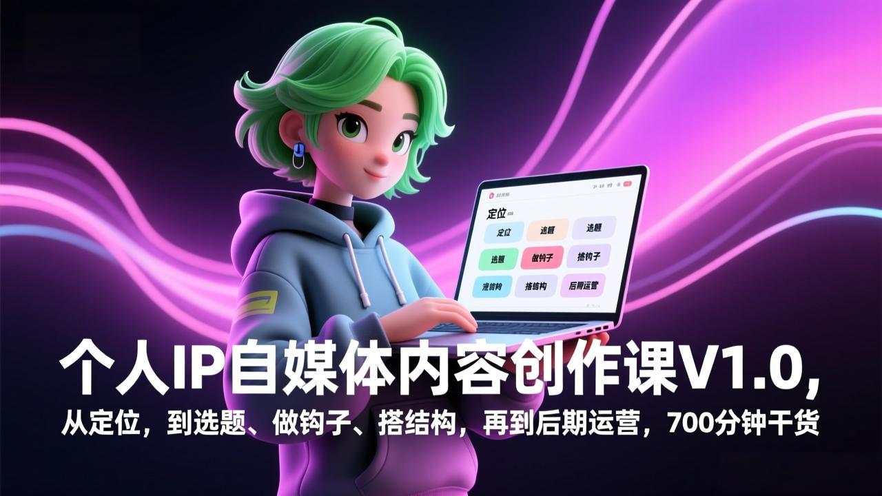 个人IP自媒体内容创作课V1.0，从定位，到选题、做钩子、搭结构，再到后期运营，700分钟干货-校睿铺