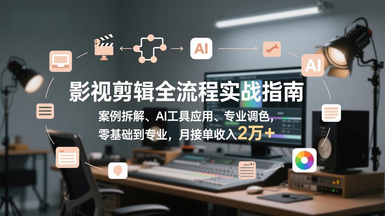影视剪辑全流程实战指南，案例拆解、AI工具应用、专业调色，零基础到专业，月接单收入2万+-校睿铺