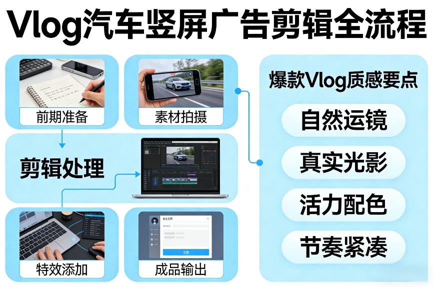 Vlog感觉汽车竖屏广告剪辑脚本全流程，拿捏爆款Vlog质感-校睿铺
